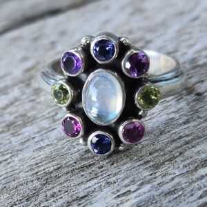 Nicky Butler Designer 925 Sterling Silver Moonstone Amethyst Iolite Sz 7.75 Ring